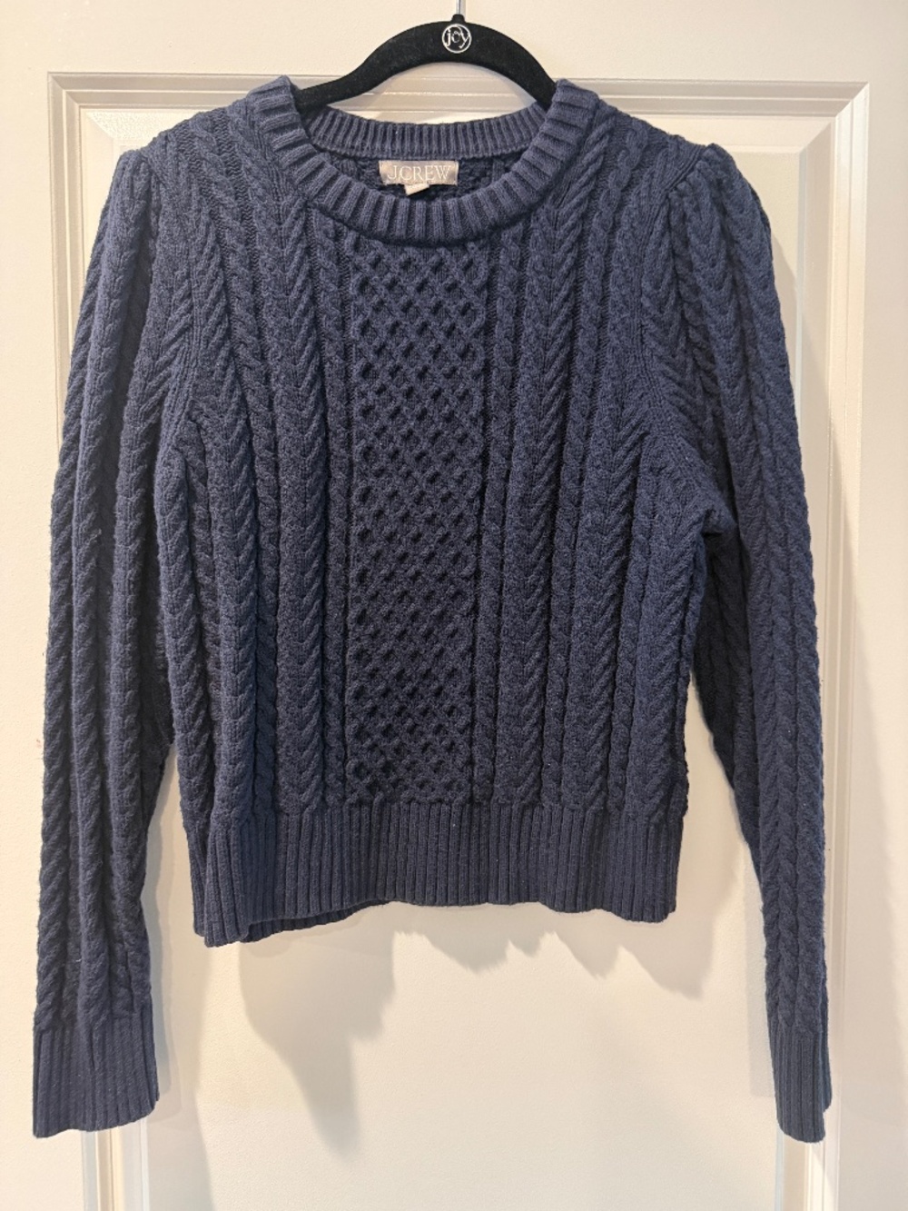 J.Crew Cable-knit puff-sleeve crewneck sweater